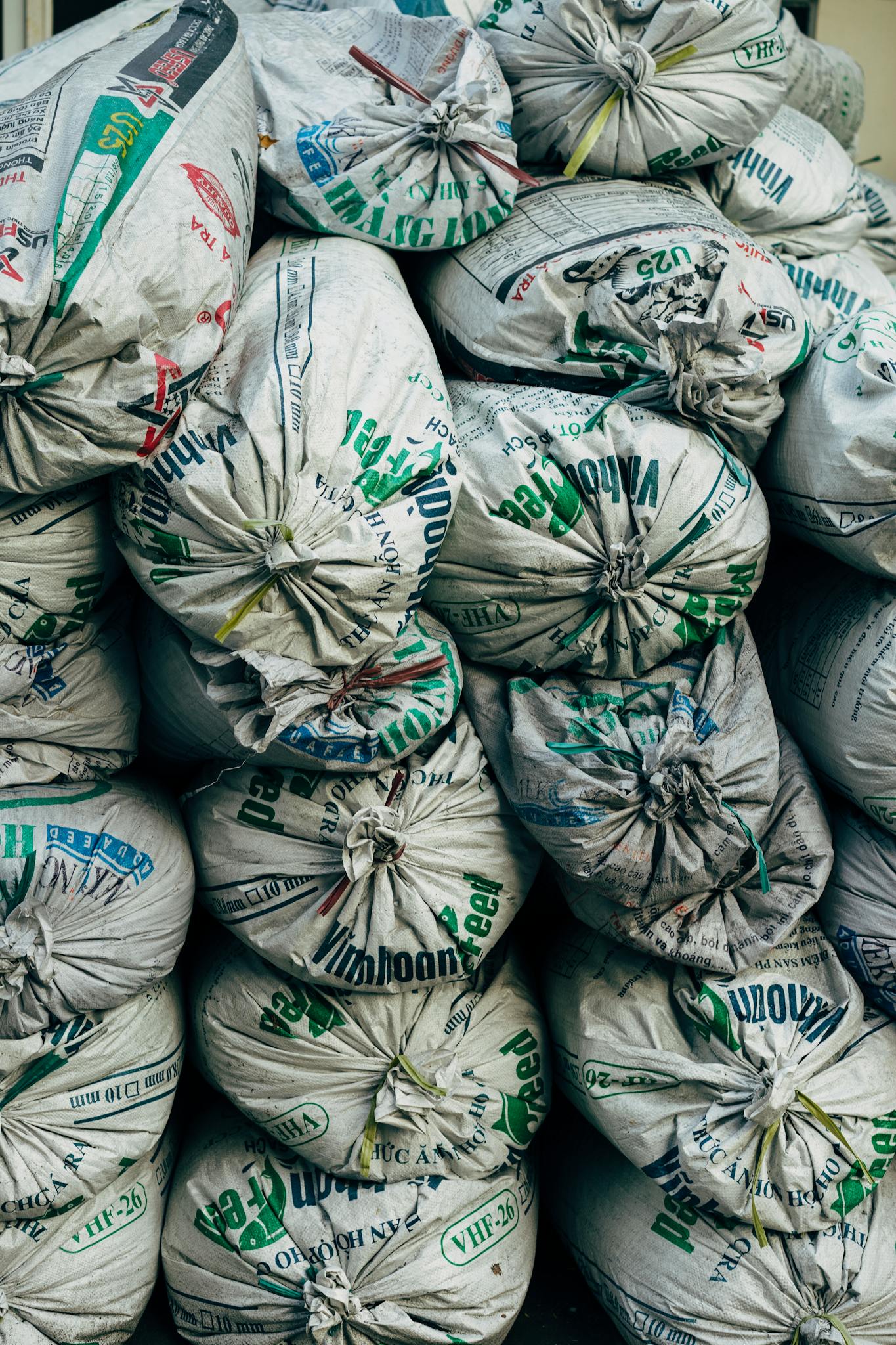 A pile of tied sacks displaying vibrant patterns in Ho Chi Minh City, Vietnam.
